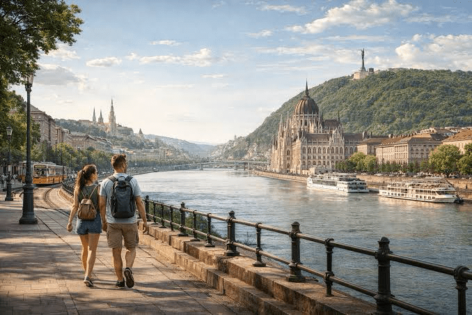 Couple strolls along the Danube River in Budapest, with the Hungarian Parliament Building and hills in the background, showcasing a scenic urban landscape.