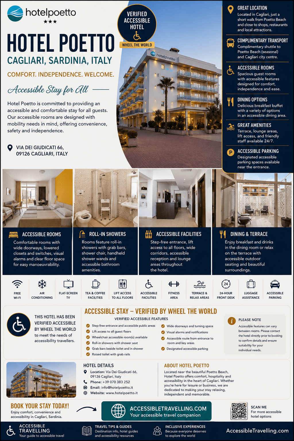 Accessible hotel overview featuring Hotel Poetto in Cagliari, Italy, highlighting amenities for all guests, including accessible rooms and facilities.