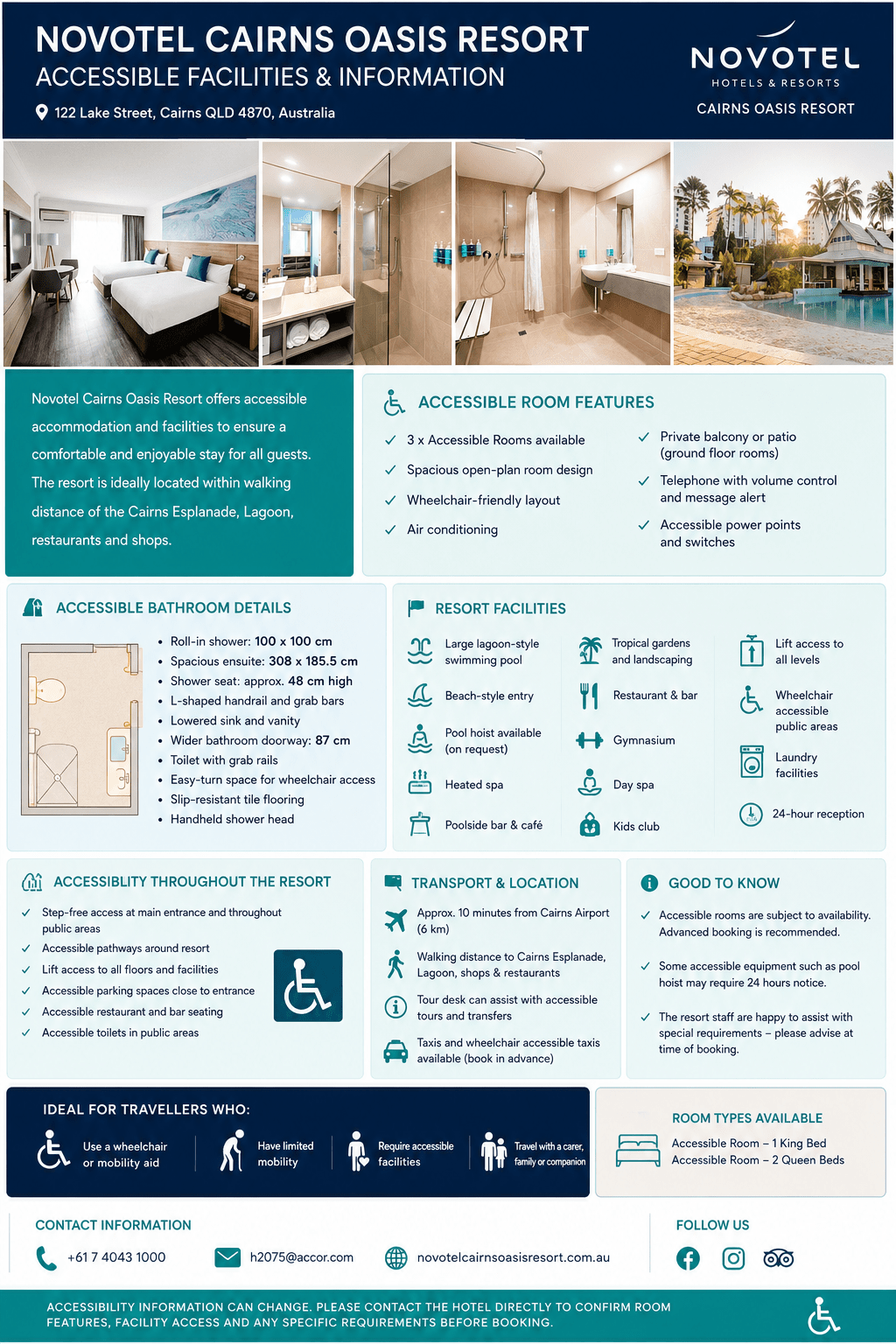 Novotel Cairns Oasis Resort showcases accessible facilities and information, including accessible rooms, bathroom features, and resort amenities.
