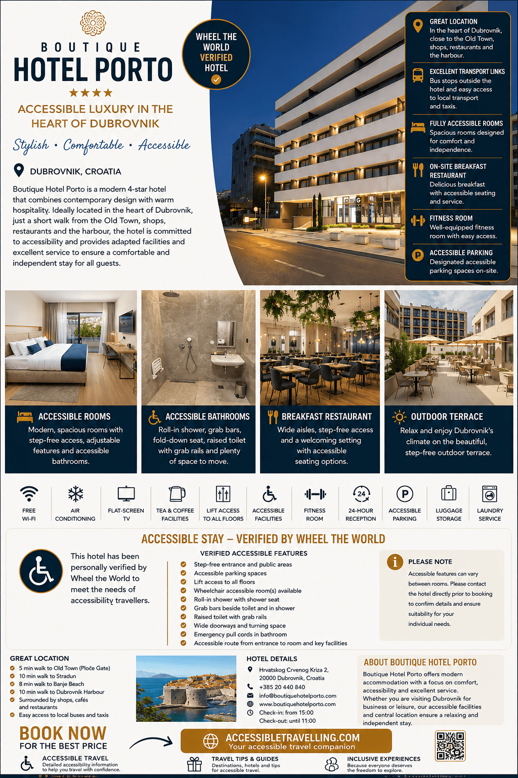 Modern Boutique Hotel Porto in Dubrovnik showcases accessible luxury, featuring accessible rooms, a breakfast restaurant, and outdoor terrace for all guests.