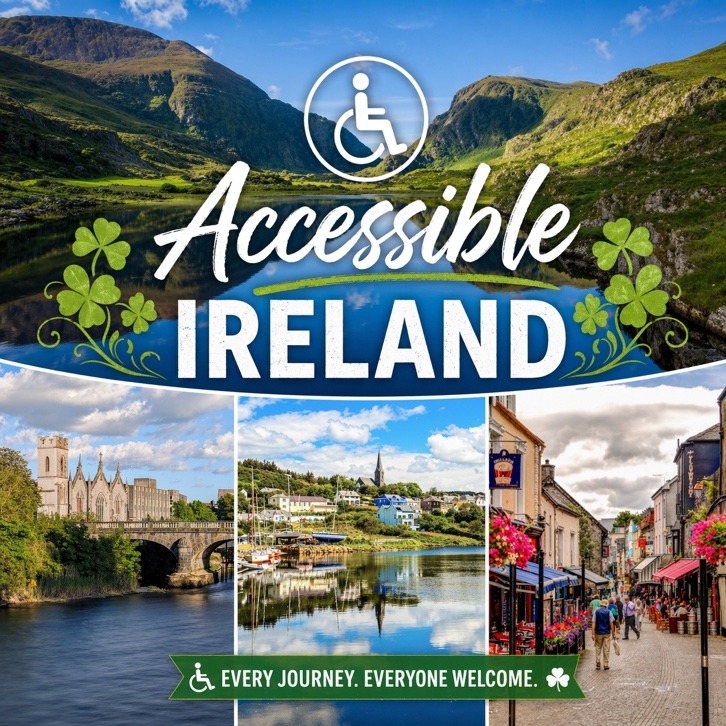 Scenic landscapes and charming towns of Ireland, promoting accessibility for all travelers. "Every journey. Everyone welcome." highlights inclusivity.