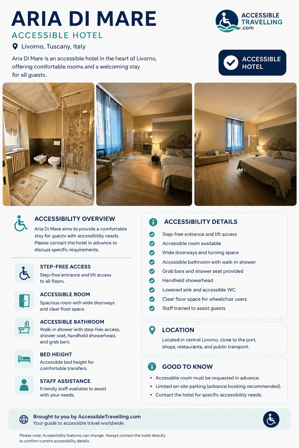 Accessible hotel Aria Di Mare in Livorno, Italy, features spacious rooms, step-free access, and accessible bathrooms to ensure a welcoming stay for all guests.