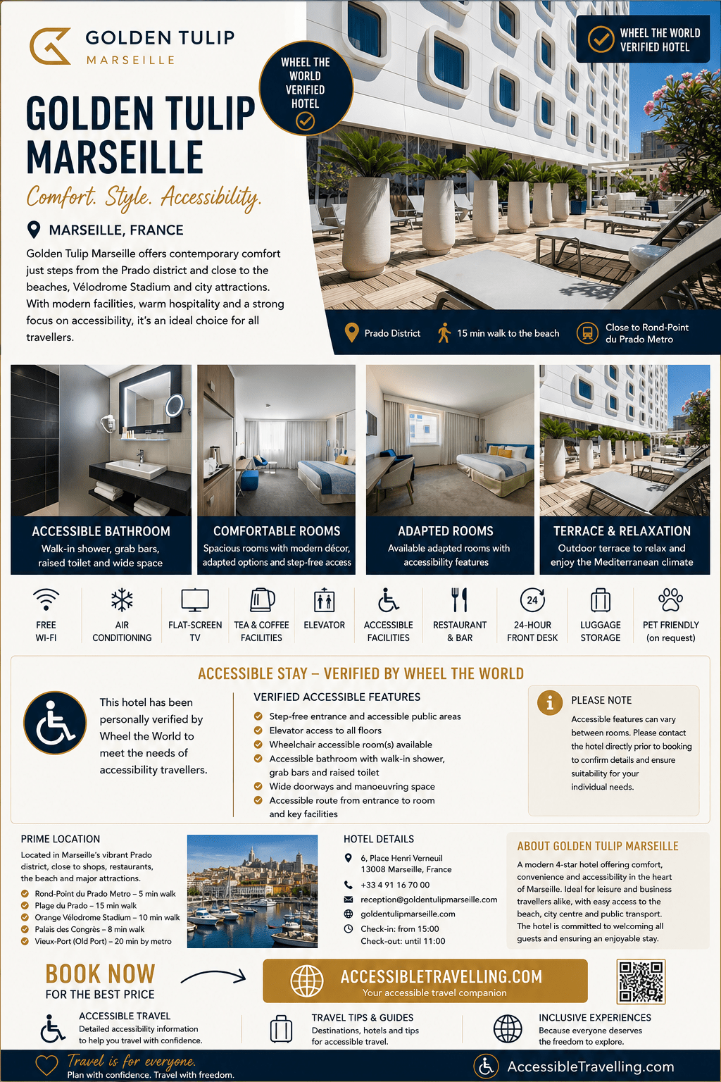 Golden Tulip Marseille showcases accessible design with modern amenities, comfortable rooms, and outdoor relaxation areas, ideal for diverse travelers.