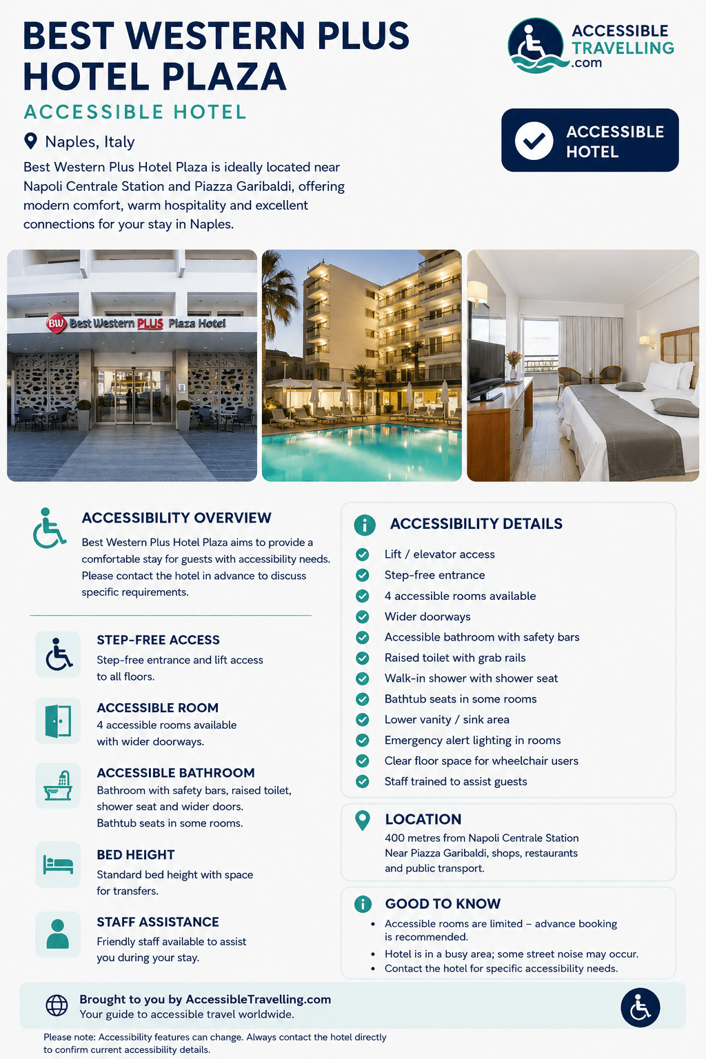 Best Western Plus Hotel Plaza in Naples showcases accessible features, including step-free access, elevators, and specialized rooms for guests' comfort.