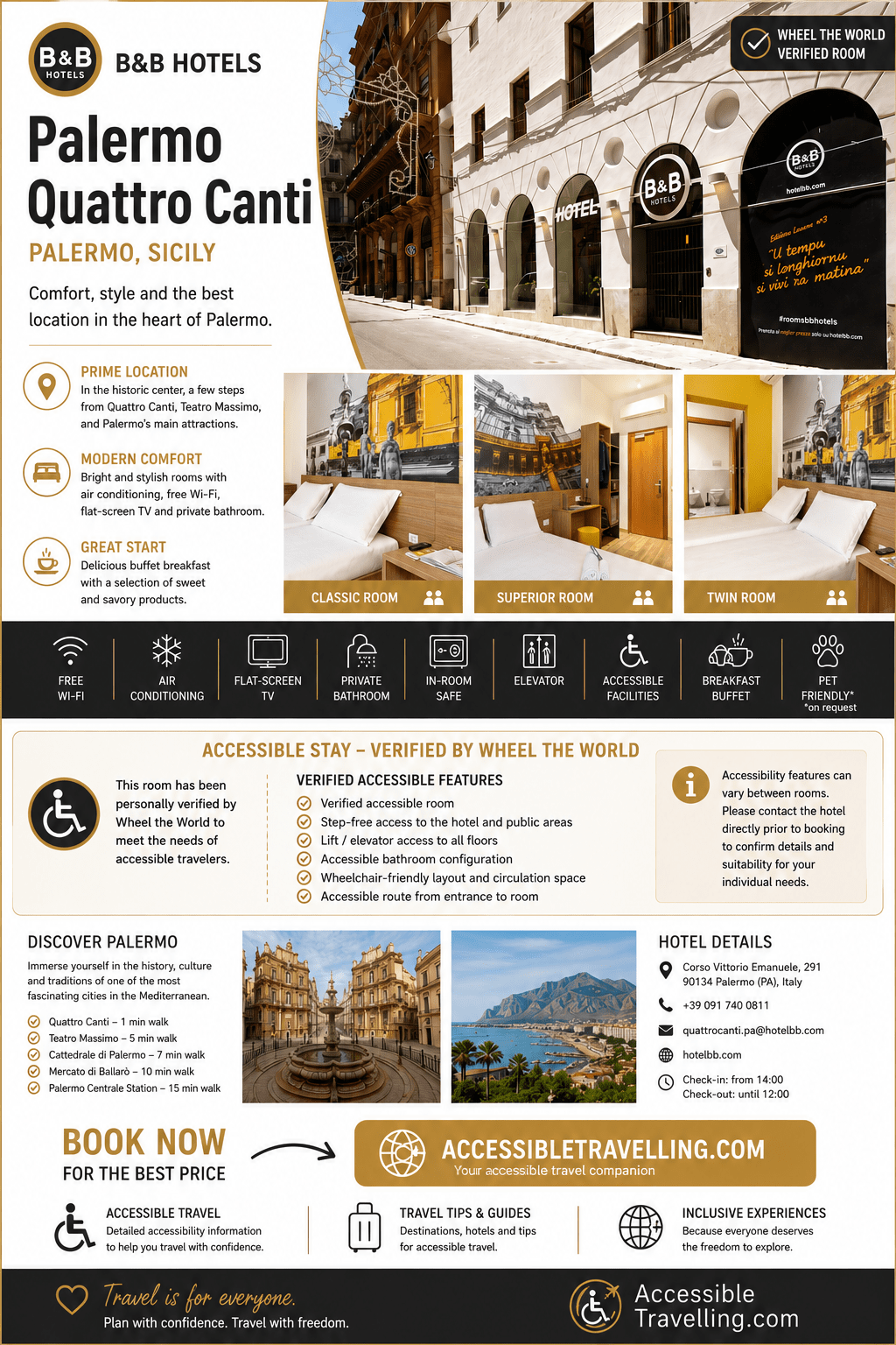B&B Hotels offers Palermo Quattro Canti in Sicily, featuring modern rooms, accessible facilities, and a prime location near major attractions.