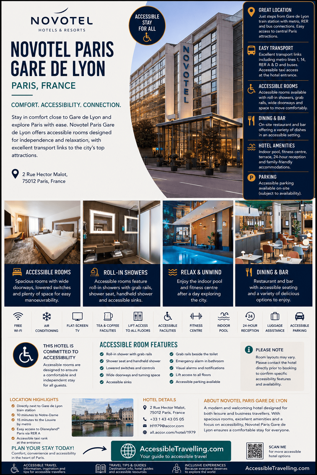 Novotel Paris Gare de Lyon exterior, showcasing accessible accommodations and amenities. Ideal for comfortable stays near central Paris attractions.
