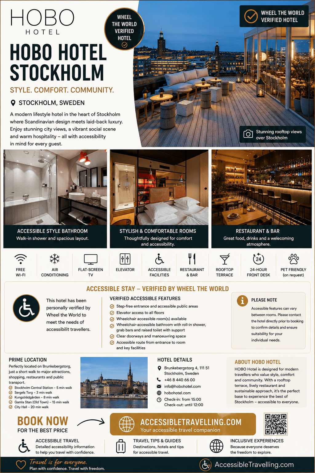 Modern Hobo Hotel in Stockholm features stylish, accessible rooms, a rooftop terrace with city views, and a welcoming restaurant and bar.