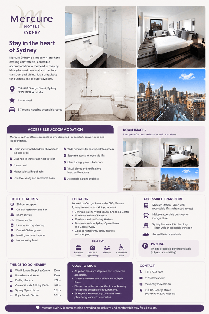 Accessible hotel flyer for Mercure Sydney, highlighting comfortable rooms, key amenities, and prime location near attractions and transport.