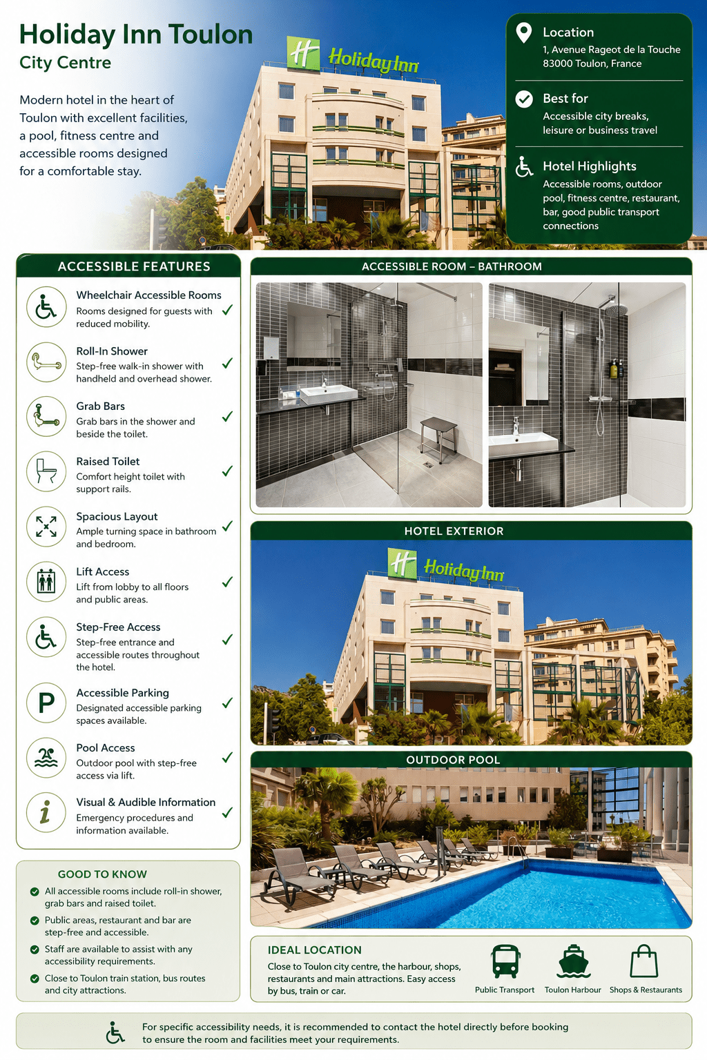 Holiday Inn Toulon showcases a modern building with accessible features, including an outdoor pool and well-designed rooms for comfort.