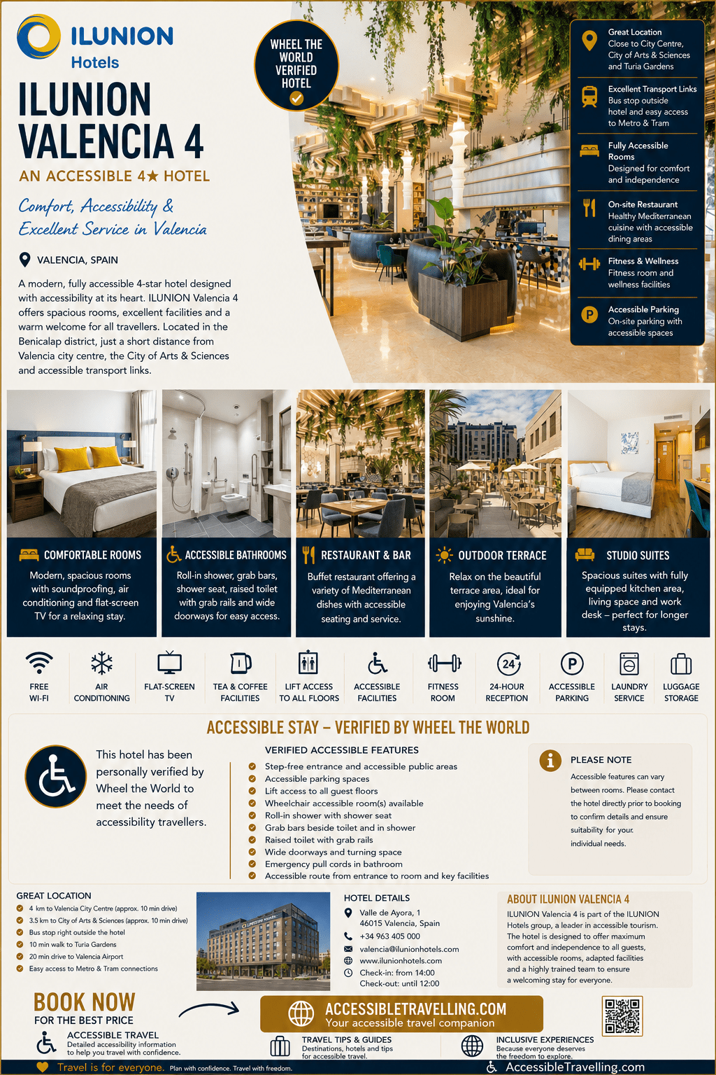 ILUNION Valencia 4 is a fully accessible 4-star hotel in Valencia, featuring spacious rooms, an on-site restaurant, outdoor terrace, and fitness facilities.
