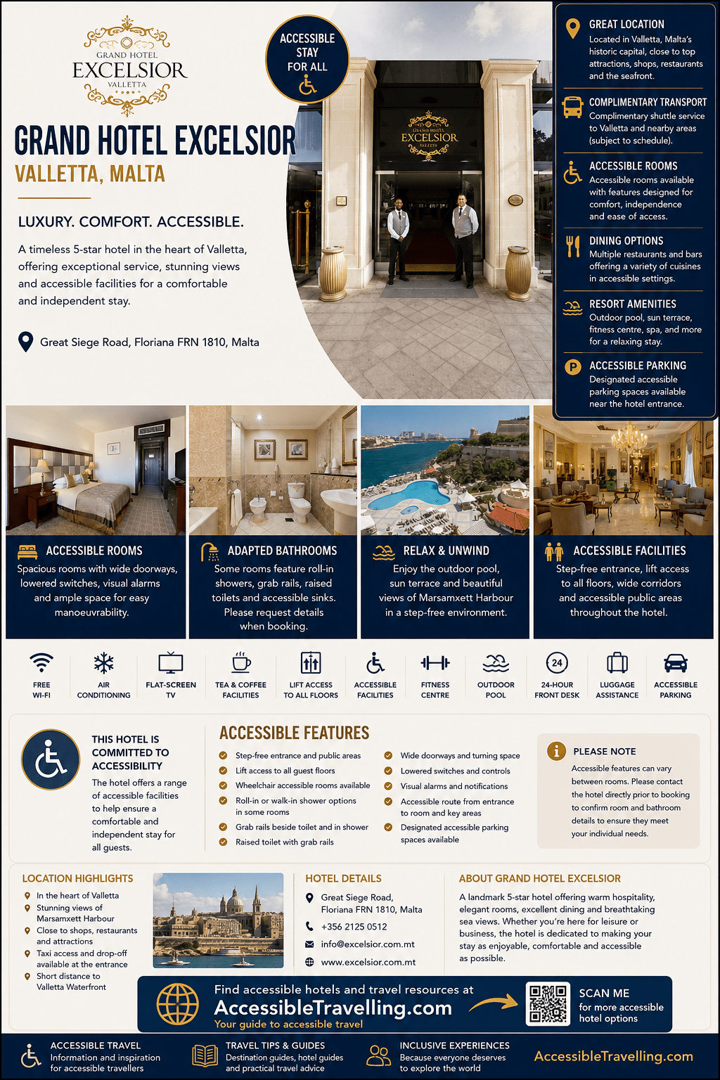 Grand Hotel Excelsior in Valletta, Malta, showcasing accessible features, luxurious amenities, and stunning views, promoting an inclusive stay.