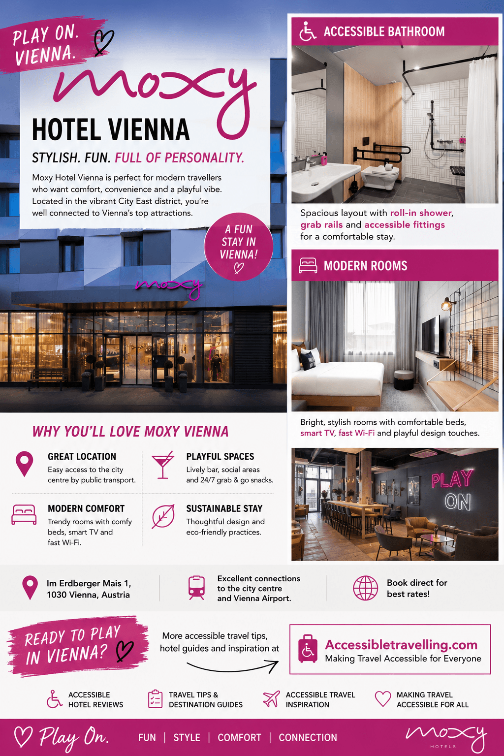 Moxy Hotel Vienna advertisement highlighting its stylish design, vibrant atmosphere, modern rooms, and accessibility features for travelers.