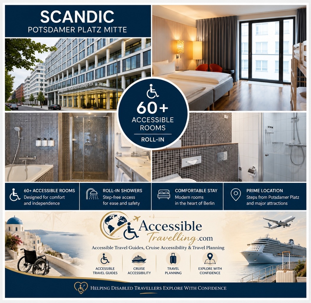Scandic Potsdamer Platz Mitte features over 60 accessible rooms with roll-in showers, ensuring comfort and convenience for travelers in central Berlin.