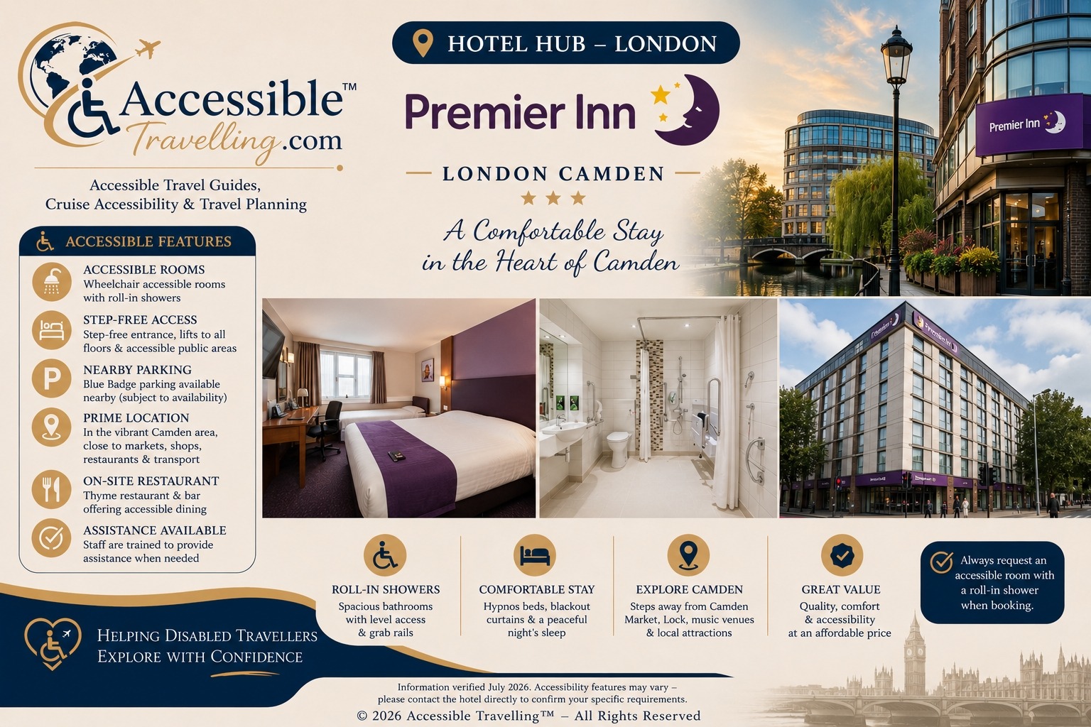 Premier Inn London Camden offers accessible lodging with features like wheelchair-friendly rooms, roll-in showers, and nearby parking. Ideal for travelers.
