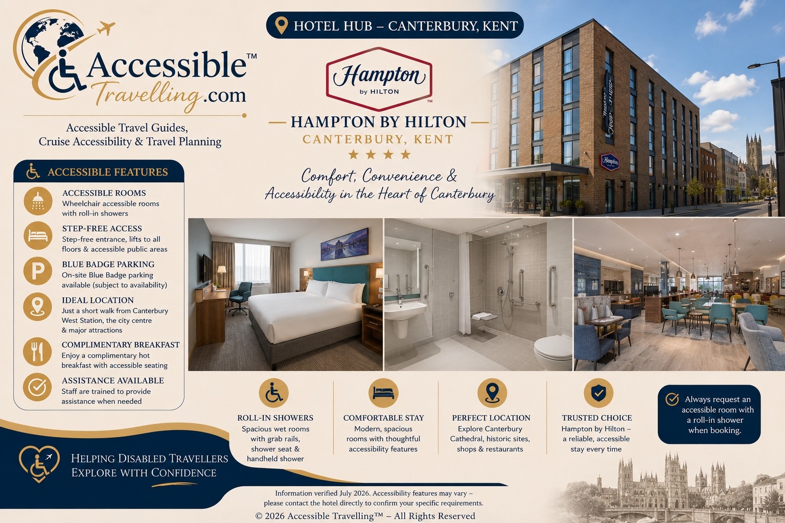 Accessible travel guide for Hampton by Hilton in Canterbury, highlighting accessible features like wheelchair rooms, roll-in showers, and convenient location.