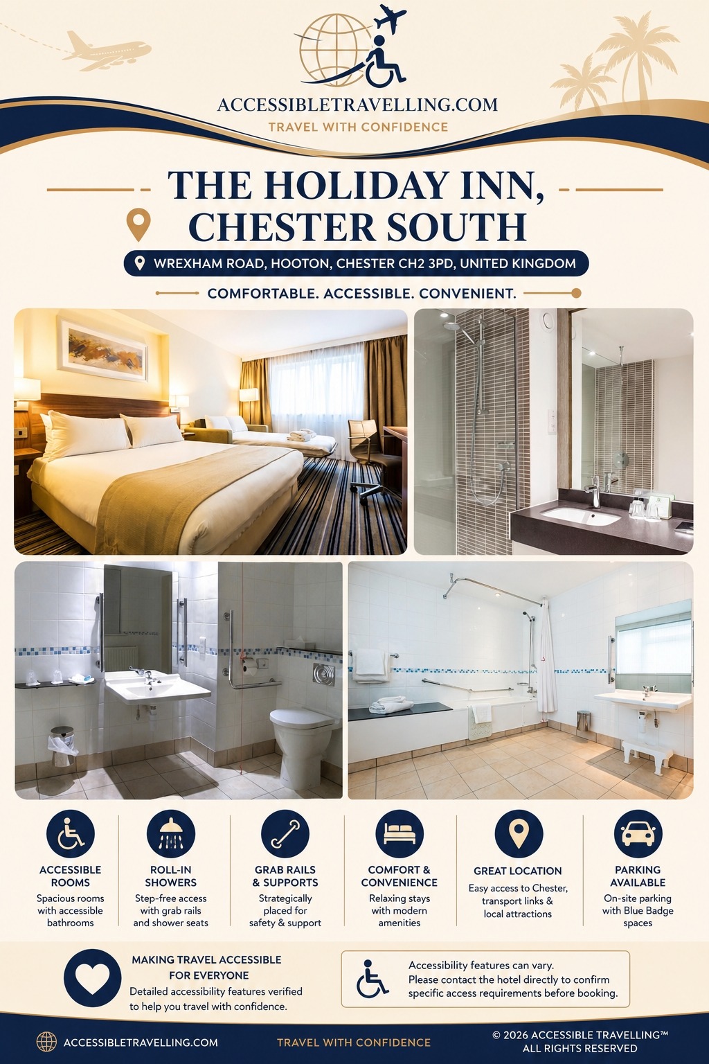 Accessible hotel accommodations at The Holiday Inn, Chester South, featuring spacious rooms and accessible bathrooms for comfortable travel.