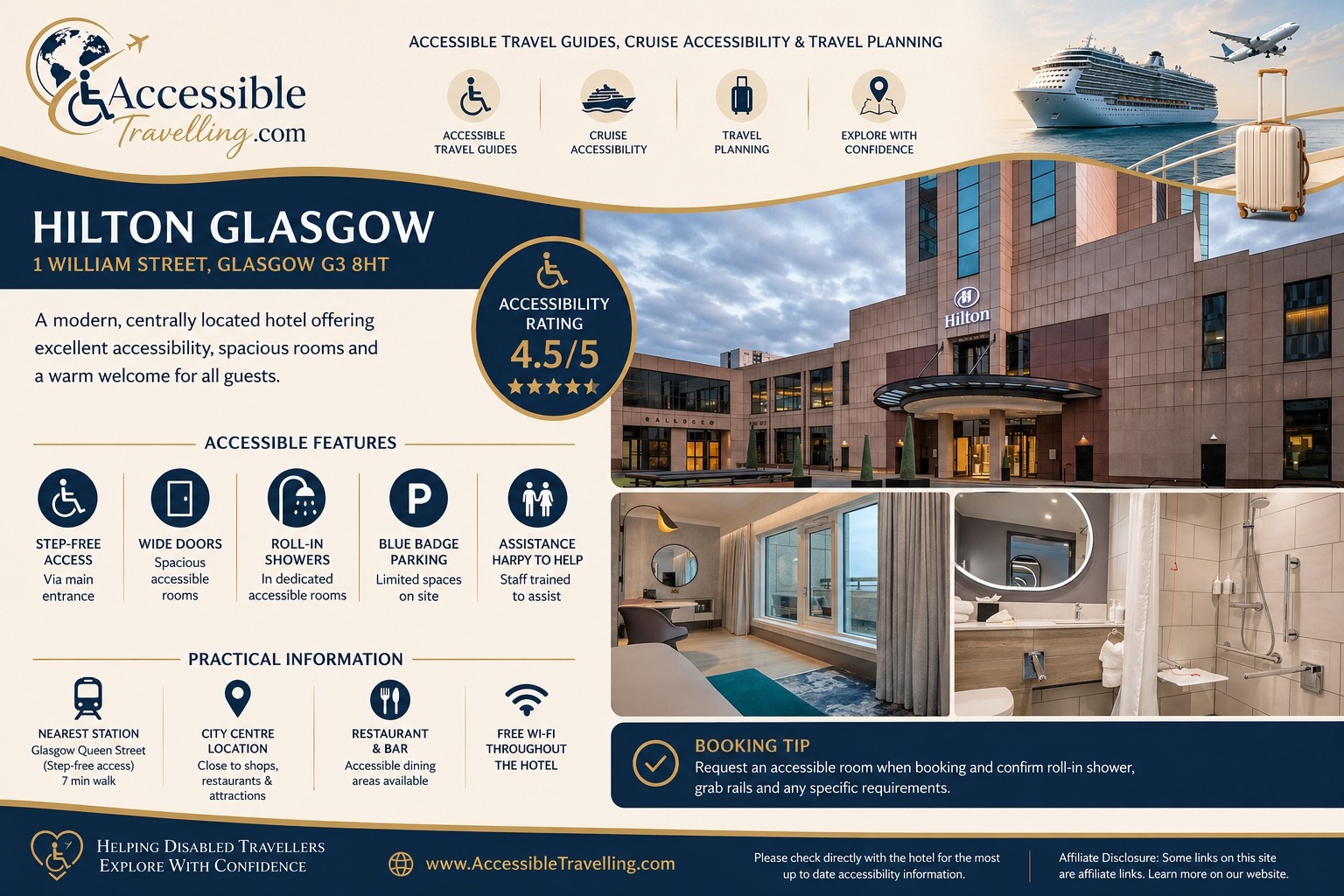 Modern Hilton Glasgow hotel exterior showcasing accessible features and amenities, rated 4.5/5 for accessibility. Ideal for all travelers.